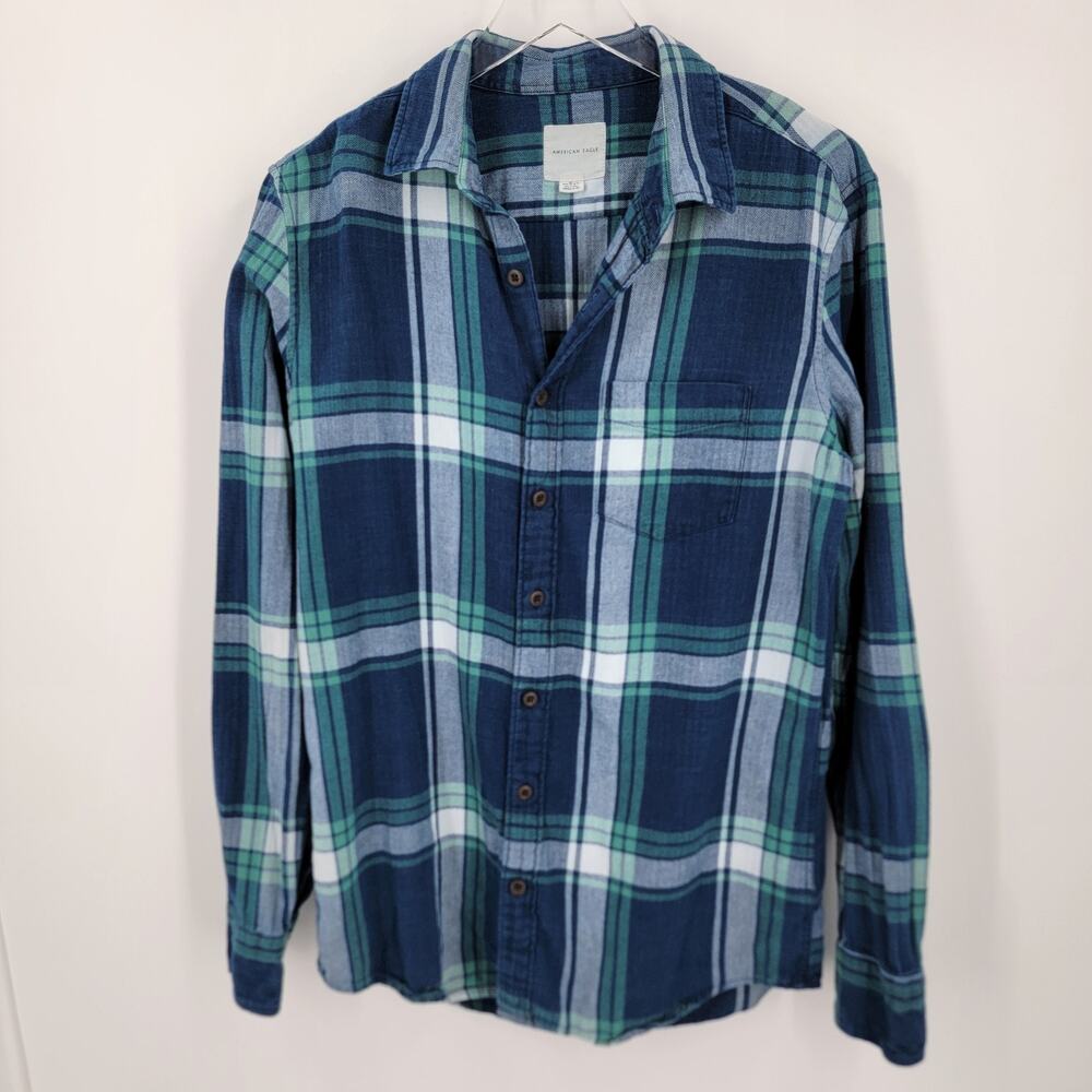 American Eagle Flannel Shirt Mens Tall Medium MT Plaid Blue Green White Outdoor